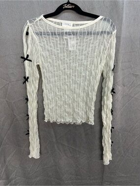 Full Tilt White Sheer Ribbed Long-Sleeve mesh Top with Black Bow Details